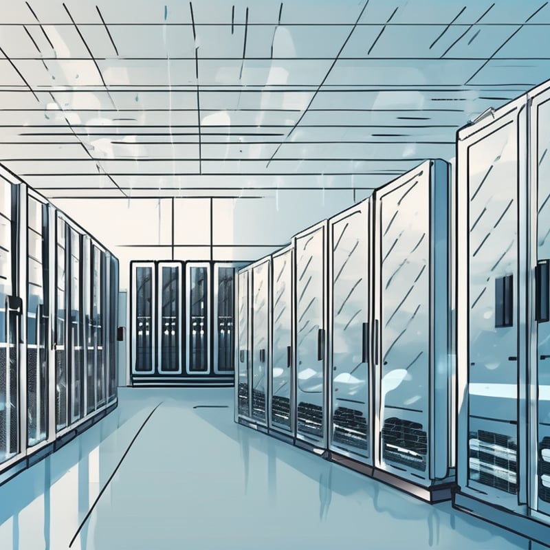 A data center with rows of servers and cooling units